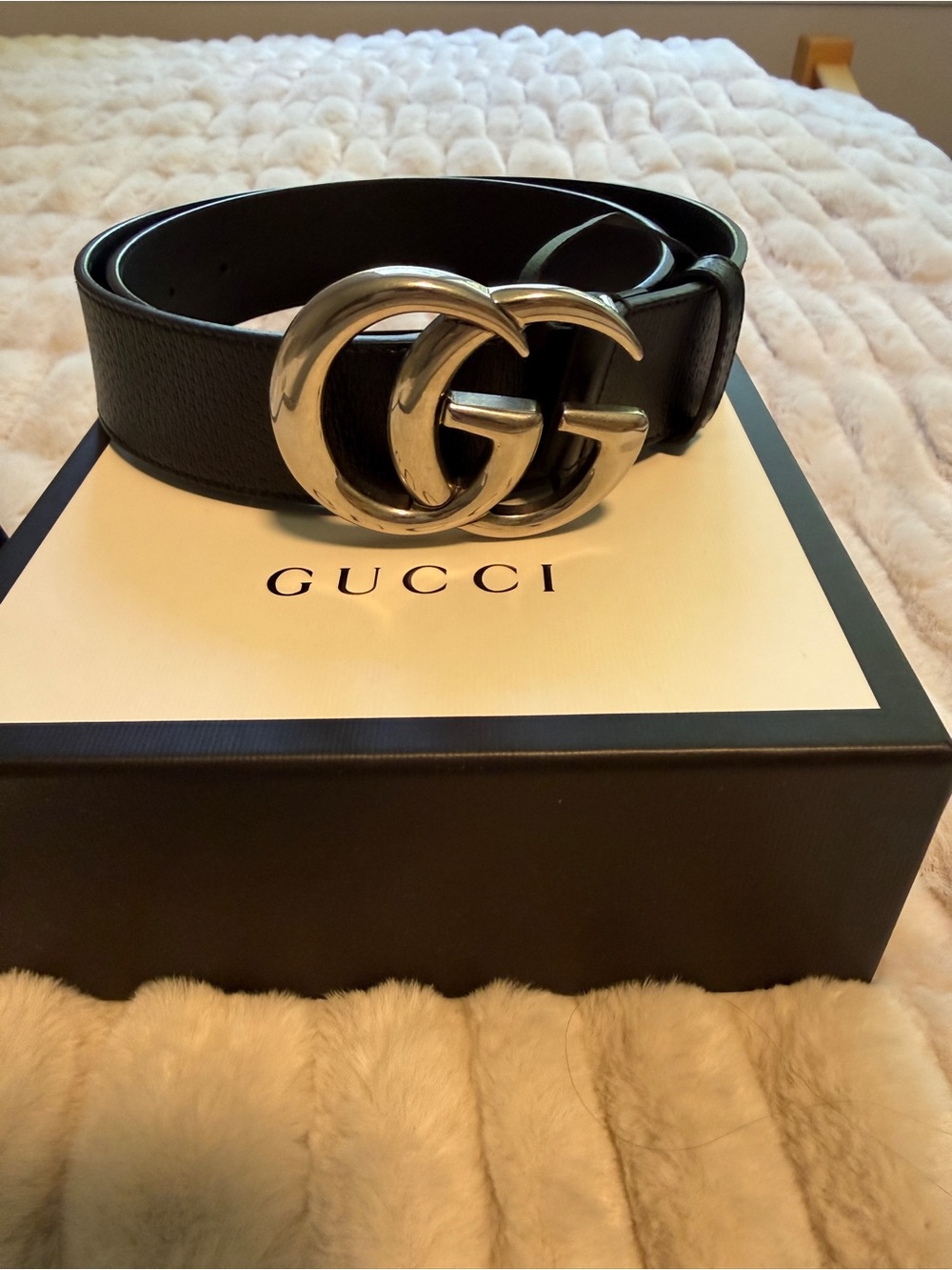 Gucci Black Leather Belt with Silver Double G Buckle (Wide)